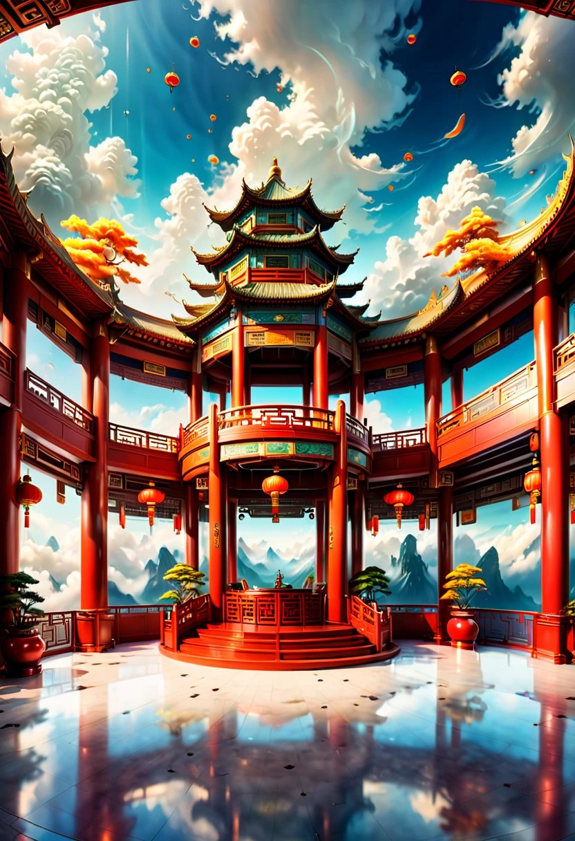 resort Hotel lobby on the clouds, Chinese elements, detailed background, fantasy art, panoramic view, Ultra high saturation, Enhancer, (best quality, masterpiece, Representative work, official art, Professional, 8k)