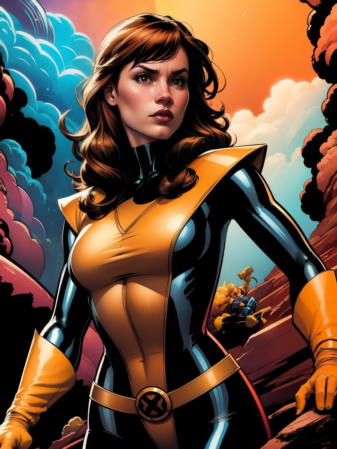 (((A comic style, cartoon art))). Shadowcat (((Posing for photo in epic heroic pose))) , wearing his iconic X-Men uniform. a concentrated expression. The vibrant color combination of the uniform stands out against the background, capturing the dynamic and powerful moment of Kitty Pryde's unique ability. (((Hot Body, camel toes))). ((((Abstract Comic background )))) , vivid colors, detailed, detailed face, realistic shadows and bright, glowing.