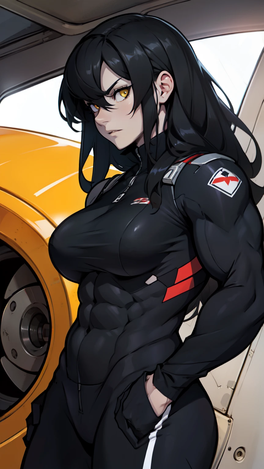 1 girl, black hair, yellow eyes, very long hair, pale skin, ((((extremely muscular)))), large breasts, (confident expression), pilot suit, close up