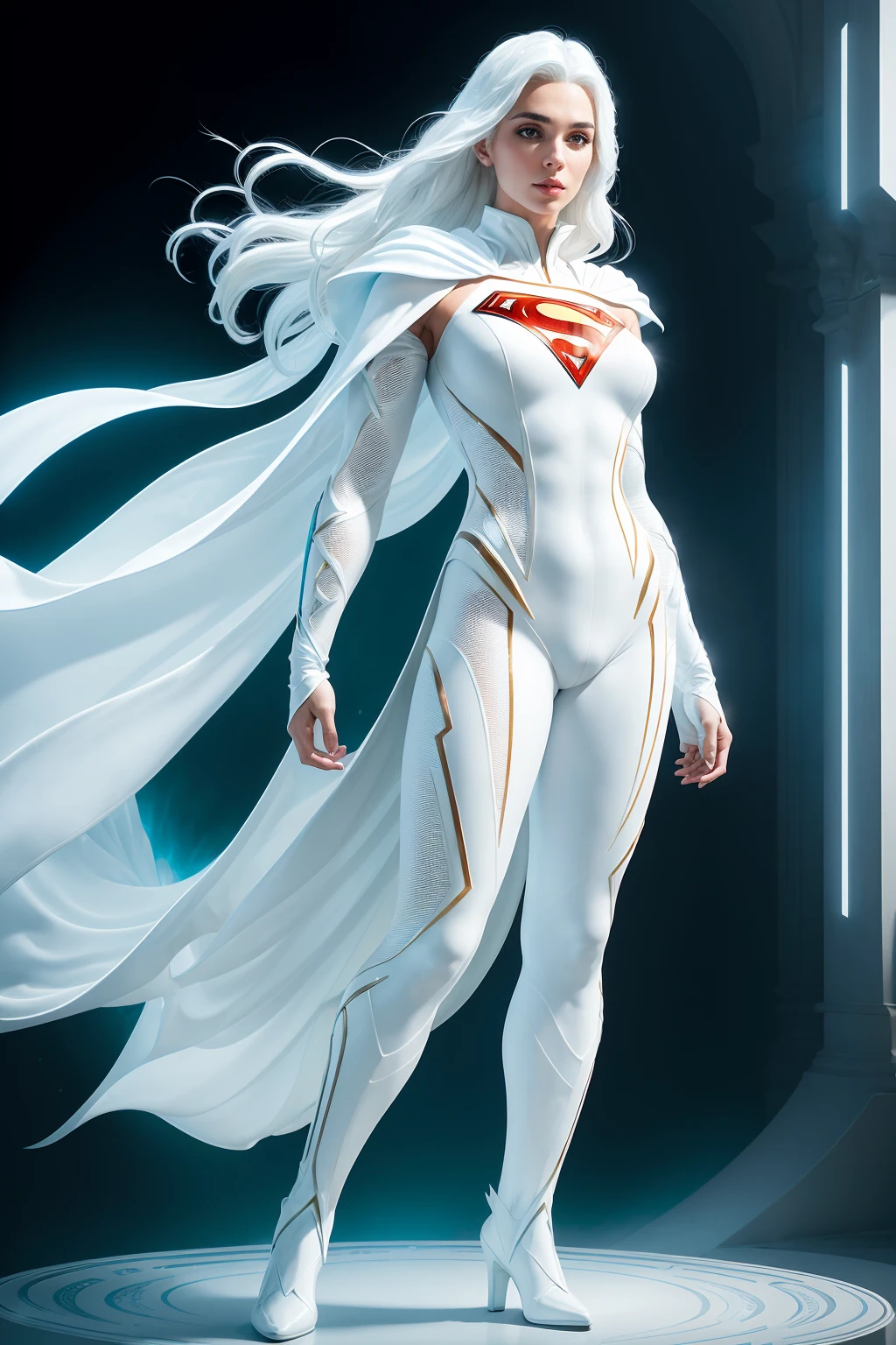A 25-year-old girl with white hair in an elaborate long-sleeved Superman costume in white, covering the whole body, Vivid colors, dramatic  lighting, white capelet , White Superman Costume, Suit with white carbon fiber details, (intricate details:0.9), (HDR, hyper-detailing:1.2), (natural skin textures, hyper realisitc, soft light, Sharp, (Thick thighs:1.2)