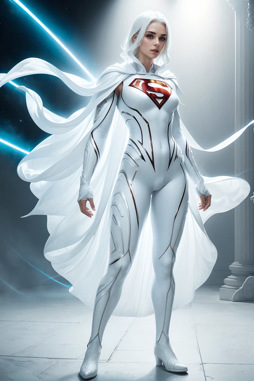 (((full body photo))) A 25-year-old girl with white hair in an elaborate long-sleeved Superman costume in white, covering the whole body, Vivid colors, dramatic  lighting, white capelet , White Superman Costume, Suit with white carbon fiber details, (intricate details:0.9), (HDR, hyper-detailing:1.2), (natural skin textures, hyper realisitc, soft light, Sharp