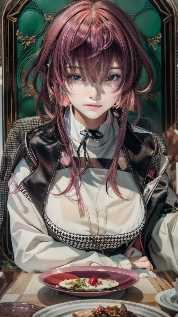 girl sitting at a table with a plate of food,pink hair