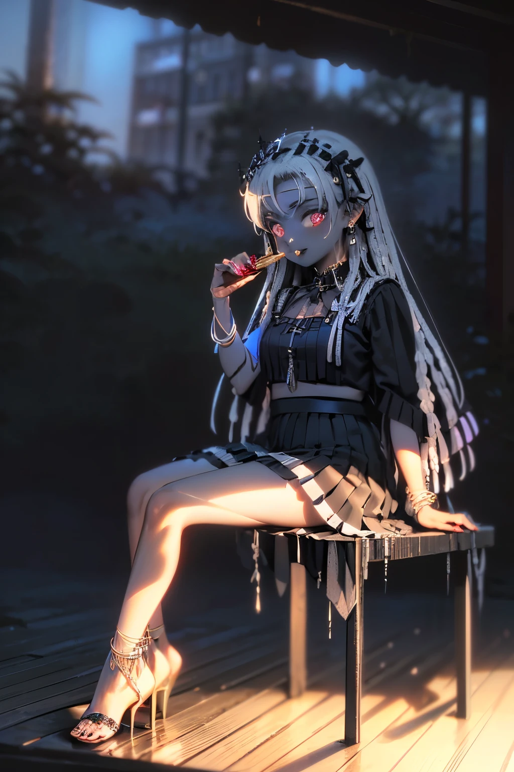 Benevolent ((dark-skinned ((goth)) ((メスガキ **ビッチ)) goddess)) with dreadlocks sitting in a limousine with her pretty perfect manicured feet up while drinking champagne, wearing golden bracelets and anklets, short pleated skirt, plump thighs, high quality photo, in the middle of the Tokyo cannabis forest behind her, driving