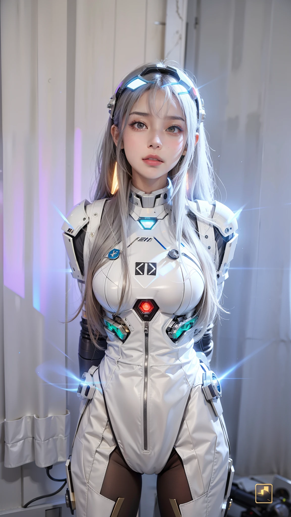 Realistic 8k.Picture only of the upper part,high resolution, Bright glare,1 woman, alone, hips up, half body,(detailed face), white hair long hair, Mecha Musume, mechanical parts, robot joint, single mechanical arm, Mechanical radius, Bikini body suit with many neon lights,A white bodysuit has several neon bulbs.,Body armor chest set with 4 large electric bulbs.,With colorful lights There was a bright purple light.(Very bright)Colorful beams of light shoot from the armor.,Light radiated from the armor.,,  city at night