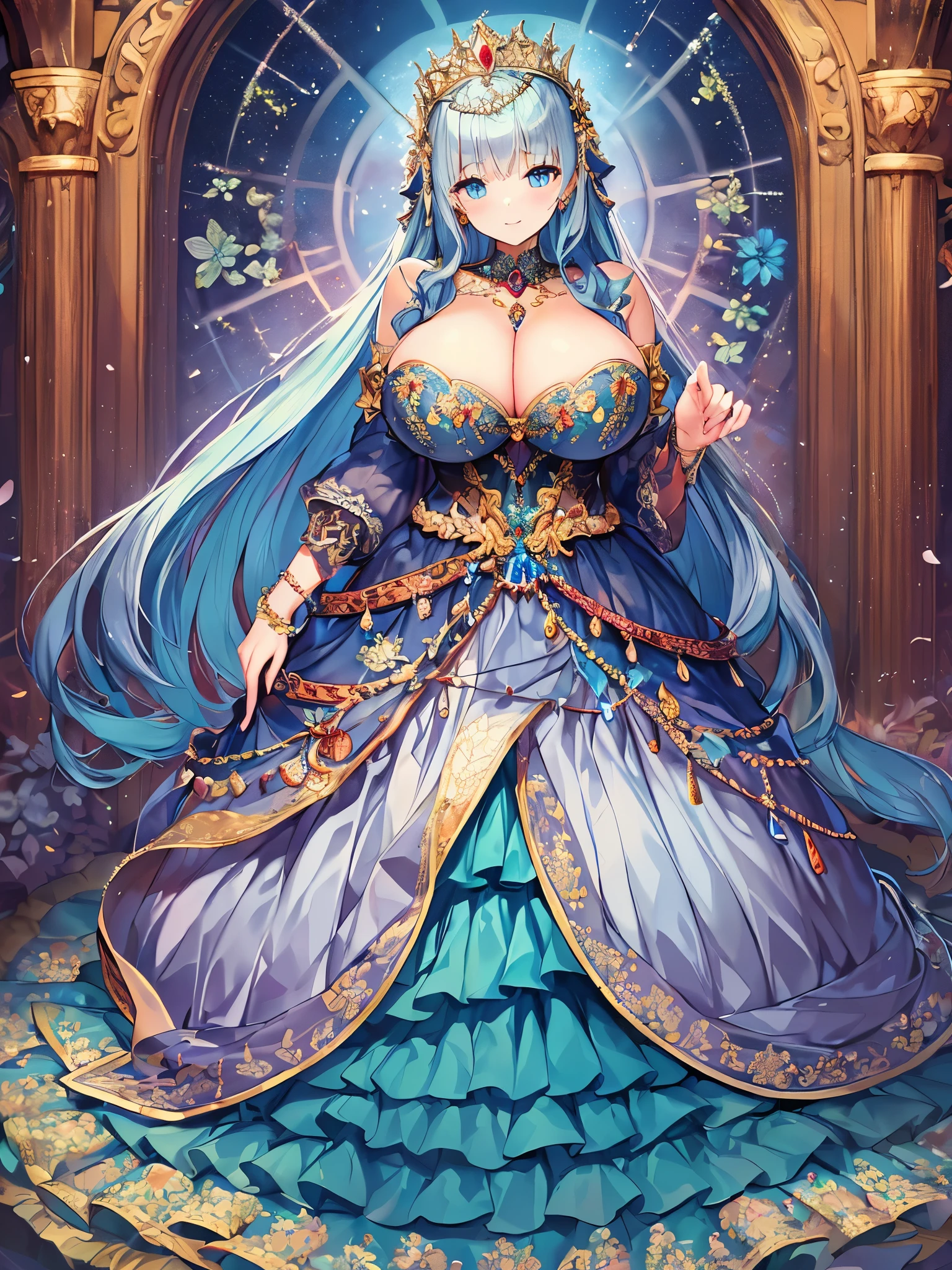 anime artstyle,Masterpiece,Best Quality,Super Detail,((Very Delicate and Beautiful)),(((1 plump princess in beautiful embroidery and jeweled gorgeous rococo ballgown with beautiful embroidery and jeweled voluminous hoop skirt))),((Solo)),Standing,elegant pose,((full body)),(((very gigantic breasts,very gigantic breasts,sagging breasts,skindentation))),cleavage,detailed face and eyes,jewel-like eyes,((extremely voluminous straight Hair,Extremely Long Straight Hair)),(gorgeousfull embroidery and lace,beautiful embroidery and jeweled),Gorgeous Gemstone Jewelry,gorgeous corsage,gorgeous hair ornament,((glitter jeweled gorgeous tiara)),((full body)),((beautiful embroidery and jeweled gorgeous rococo ballgown with beautiful embroidery and jeweled voluminous hoop skirt)),(crinoline),((Standing in garden)),castle,flowers,flower petals flowing,Looking at viewer,(((beautiful embroidery and jeweled gorgeous rococo ballgown with beautiful embroidery and jeweled voluminous hoop skirt))),full body,