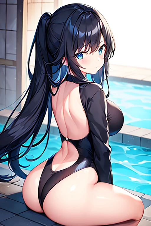 1girl, black hair, long hair, dark blue hair, large breasts, wide hips, thick thighs, one-piece swimsuit, competitiom swimsuit, black swimsuit, blue trim, blue eyes, shy, timid, long sleeves, bare legs, pool, sitting, from behind, ass