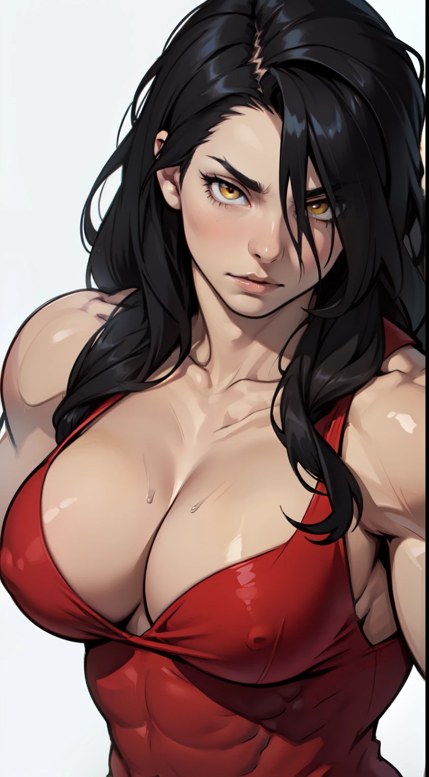 1 girl, black hair, yellow eyes, very long hair, pale skin, ((((extremely muscular)))), large breasts, (confident expression), close up