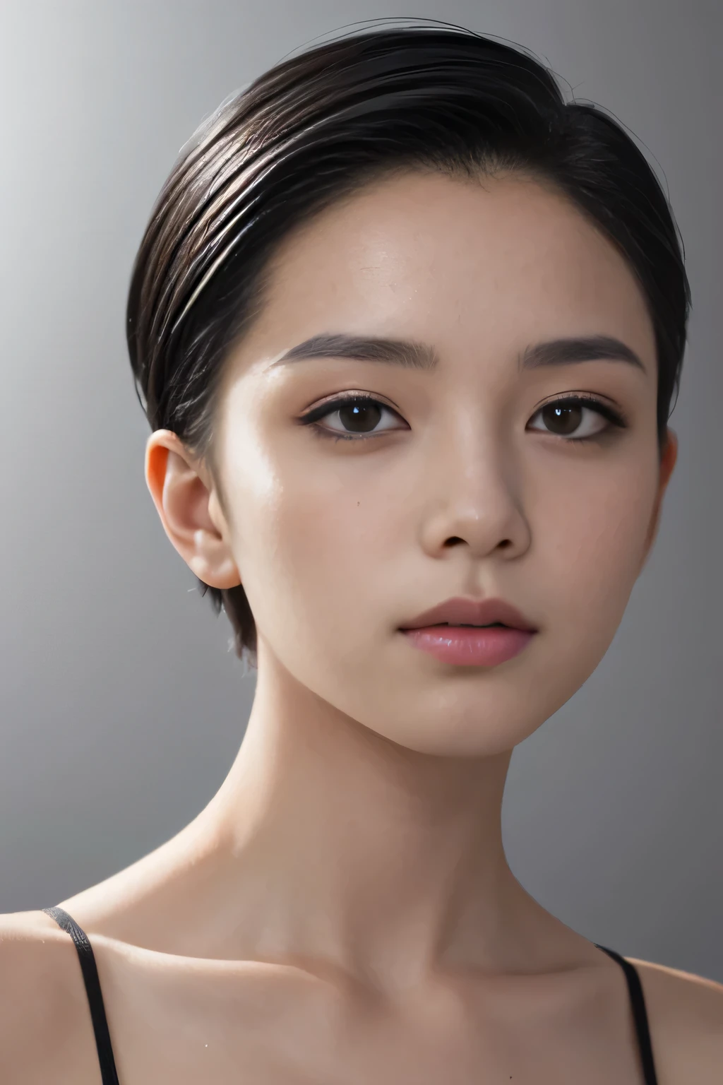 natural skin,(close-up:1.0) photo of as (young:1.0) woman, (oiled skin:1.0), (tilted angle shot:1.0), (slick undercut hair:1.2), (8k uhd:1.0), (best quality:1.0), (masterpiece:1.0), (sharp focus:1.0), (basic grey backdrop:1.0), 