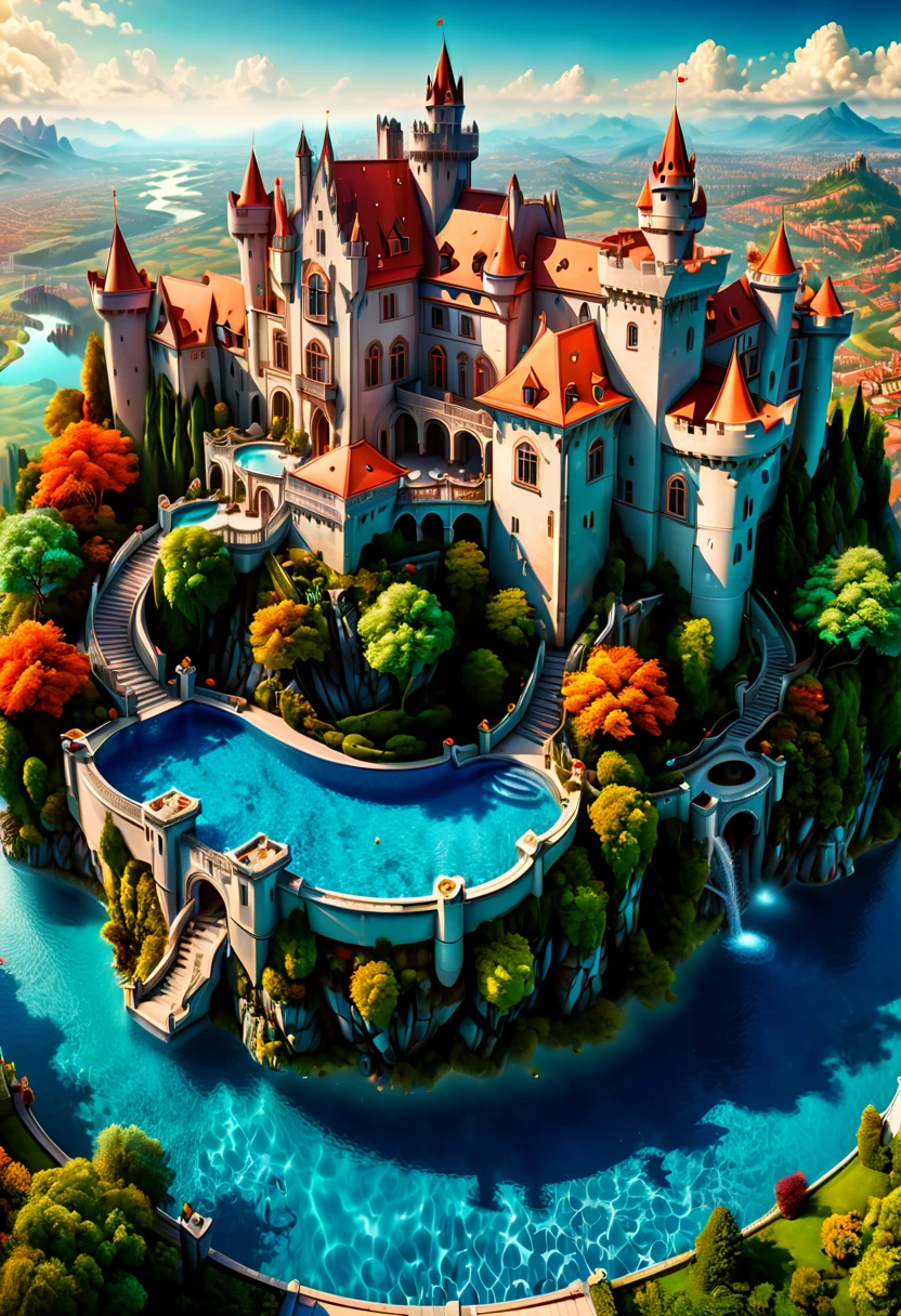 resort castle in the air, swimming pool, European elements, detailed background, fantasy art, panoramic view, Ultra high saturation, Enhancer, (best quality, masterpiece, Representative work, official art, Professional, 8k)