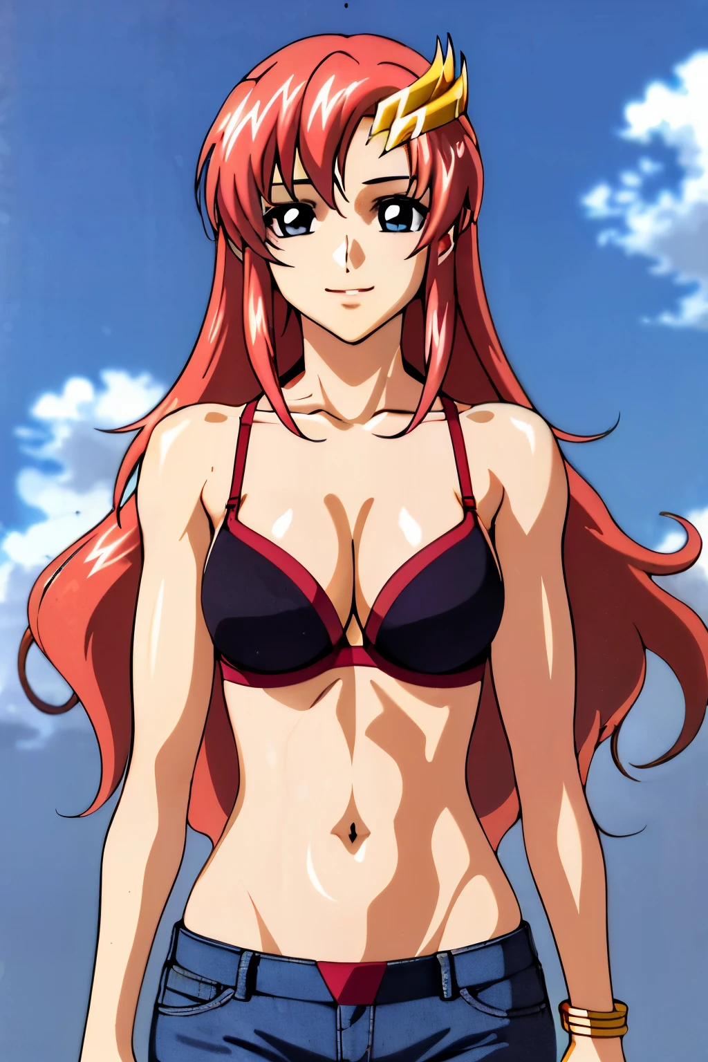 lacus4, (jeans), (red micro bra only, micro bra), (masterpiece, folded arms covering breasts, very slim shoulders, 4K, Best Quality, Anime style: 1.9, happy, Adult Woman, (ultra detailed head), (cloud background), Drawing lines, high resolution, lacus4), 1girl, Solo, curvy figure, Long hair, 鎖骨, scapular, (Detailed wide hair bangs, Hair Ornament, Detailed reddish-pink hair, shiny streaks, slim arms, detailed golden crest), cleavage, large hands, (hair cover shoulders). (Big blue eyes, shiny eyes), ((female wrestler, (slim body), little biceps, slim arms, closed fists, thighs)), ((perfect proportions, medium breasts, long belly)), ((totally red bra, neck band, bracelets))), smile, (standing, hot colors), detailed fingers, (bare shoulders)