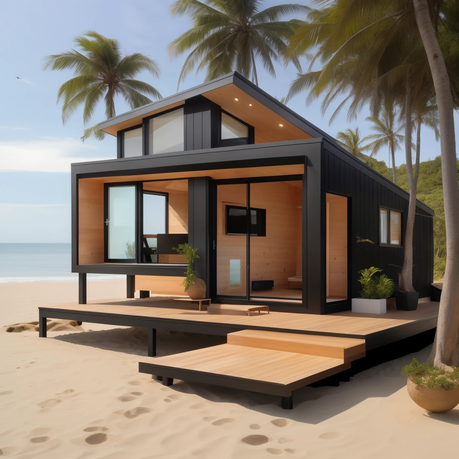 Small Houseๆ บนชายหาดพร้อมดาดฟ้าและดาดฟ้า, Small House, in a By the beach environment, Wooden House, Wooden cottage, Temporary house, Wooden Houses, hidden Small Houses, luxurious Wooden cottage, concept house, Beach settings, By the beach, Built around the ocean, Passive house, Wooden Houseสไตล์มินิมอล, black house, Small House ๆ, Cozy Place