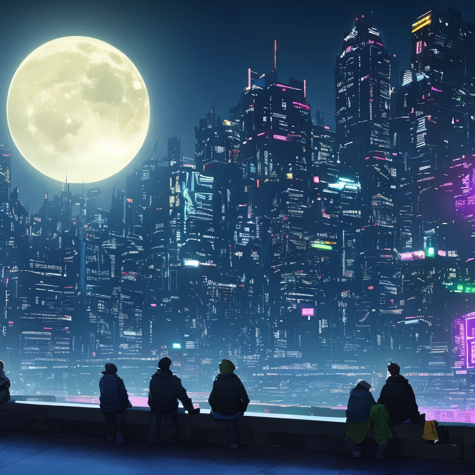 A huge cyberpunk city with flashing neon lights against the night sky, the moon is huge and bright, and in the distance you can see two people looking at the moon, a guy and a girl, two people really far away sitting on a building, (((ONLY 2 PEOPLE IN FRAME)))
