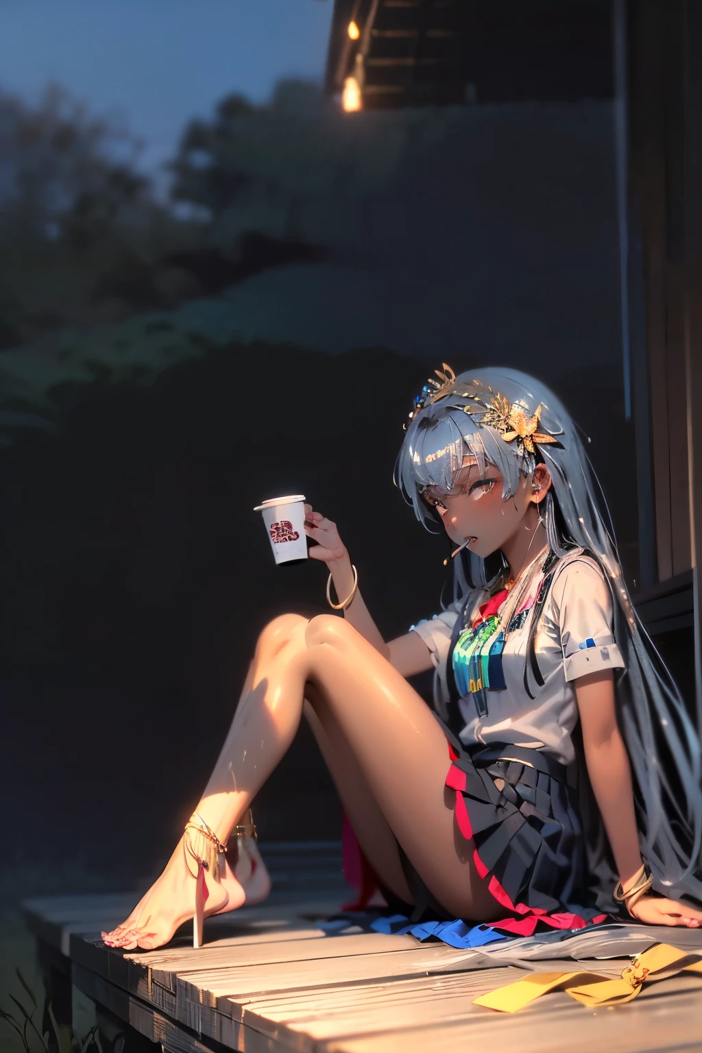 Benevolent ((dark-skinned ((メスガキ **ビッチ)) goddess)) with dreadlocks sitting in a limousine with her pretty perfect manicured feet up while drinking coffee, wearing golden bracelets and anklets, short pleated skirt, plump thighs, high quality photo, in the middle of the Tokyo cannabis forest behind her, driving