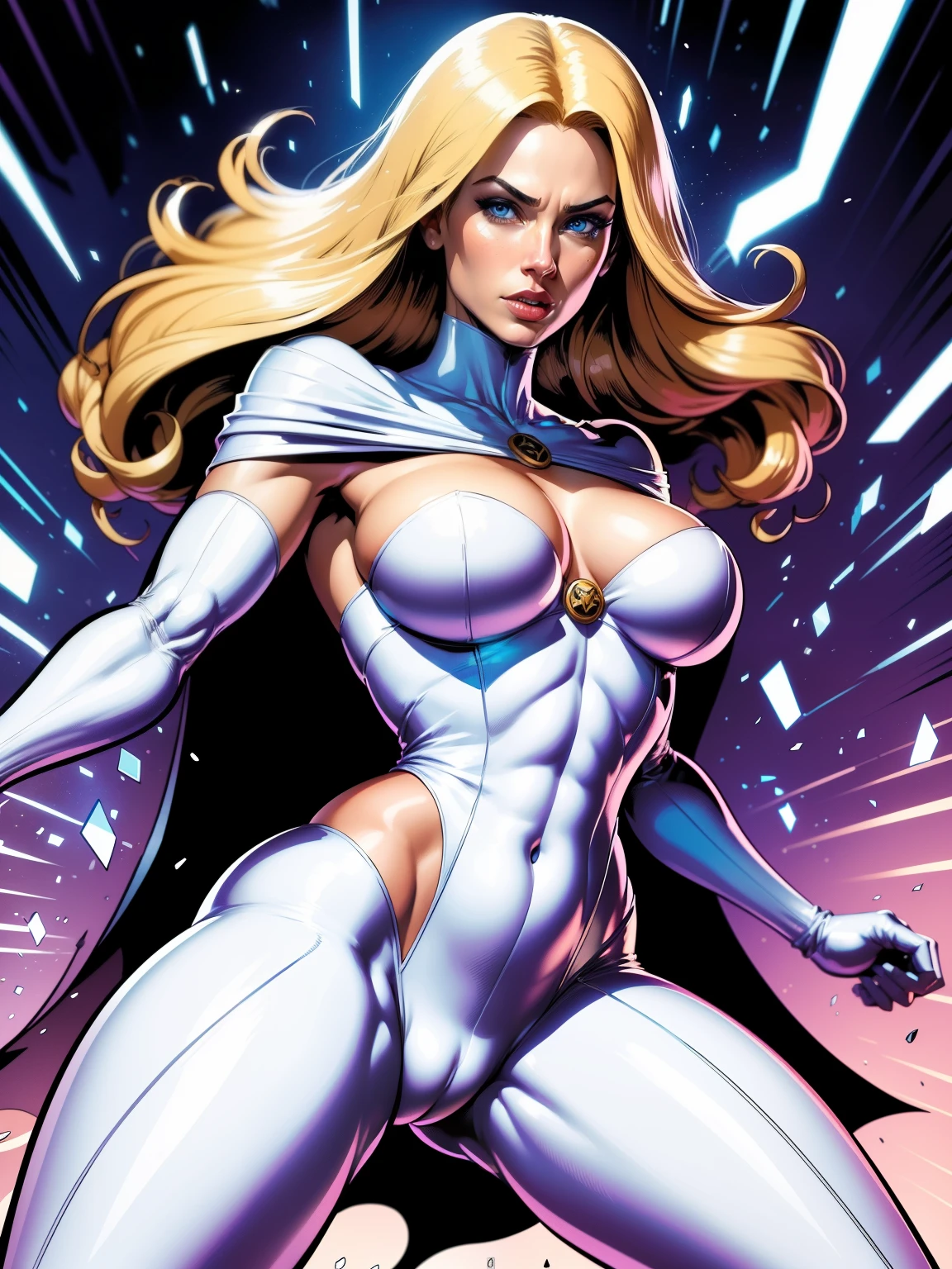 (((A comic style, cartoon art))). Emma Frost Posing for photo (((in epic heroic pose))) , wearing his iconic X-Men uniform, ((Wearing white pants)) . a concentrated expression. The vibrant color combination of the uniform stands out against the background, capturing the dynamic and powerful moment of Emma Frost unique ability. (((Hot Body, camel toes))). ((((Abstract Comic background )))) , vivid colors, detailed, detailed face, realistic shadows and bright, glowing.