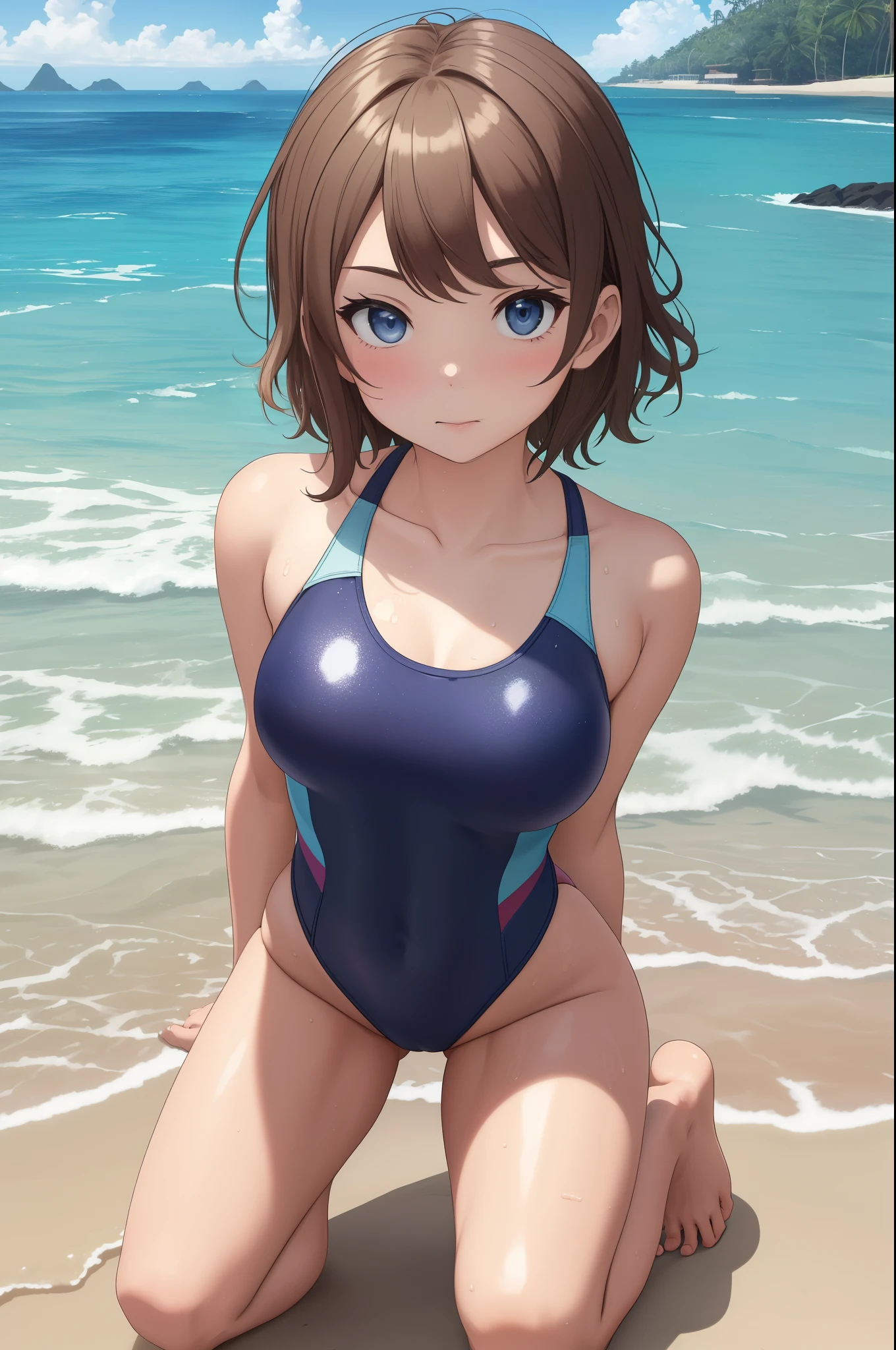 (Masterpiece)), 8k wallpaper,solo, Watanabe you, kneeling, beach,wearing only a basic swimsuit and pumps, The shoulder area of the swimsuit is a tank top type without decoration, The waist of the swimsuit is a high-cut leotard type The surface of the swimsuit is slippery.