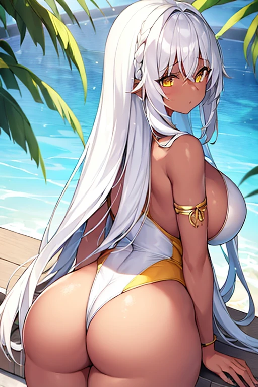 1girl, white hair, long hair, dark-skinned female, large breasts, breastsc thick thighs, wide hips, yellow eyes, one-piece swimsuit, white swimsuit, yellow trimz sitting, from behind, poolside