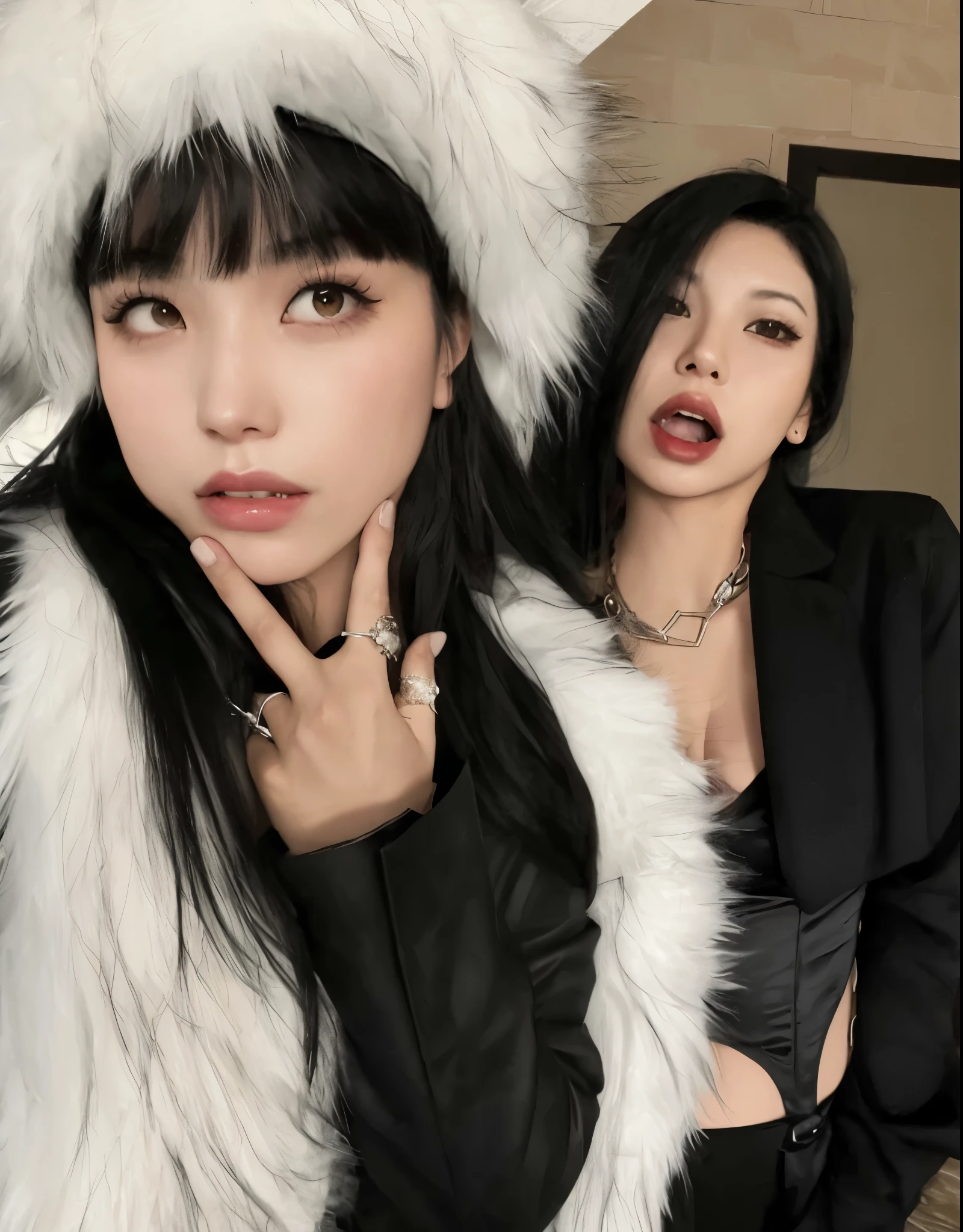 Two women in fur coats posing for a photo with a camera., cruel korean gothic girl, pelo negro y flequillo blanco, ulzzang, gothic girl aesthetic, ella tiene el pelo negro con flequillo, son pixivs y junji, inspirado en Wang Duo, flequillo blancopelo negro, gothic aesthetic, yoshitomo nara y aya takano