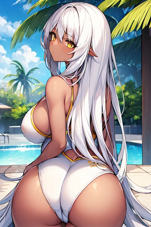 1girl, white hair, long hair, dark-skinned female, large breasts, breastsc thick thighs, wide hips, yellow eyes, one-piece swimsuit, white swimsuit, yellow trimz sitting, from behind, poolside, ass