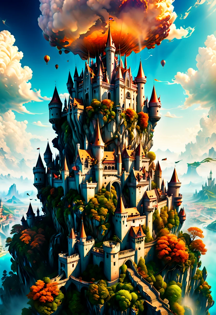 resort flying castle on the air, European elements, detailed background, fantasy art, panoramic view, Ultra high saturation, Enhancer, (best quality, masterpiece, Representative work, official art, Professional, 8k)