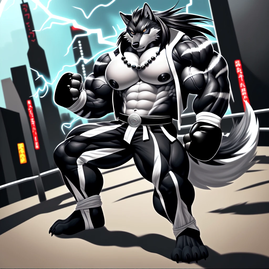 (upload on e621), (Masterpiece), (best quality), (ultra high res), 4K, (8k HD), 2D, (perfect anatomy), (digital art), (official art), (extreme detailed), (ultra detailed), (strapsanime), color, (soft shading), (sharp focus), (((excessive silver electricity and wind aura both fists)), (((tokyo city background))), 1man, dark black body fur, (((dark black muscular arms))), silver pecs and belly, detailed fluffy fur, (ultra detailed face), detailed eyes, detailed iris eyes, detailed yellow eyes, white sclera, black pupils, (((big navel))), (((abs))), (((pectoral))), (((martial art style))), (fight pose) (((black claw nails))), furry wolf male, mature male, (((full body))), (((dark black giant bulky muscular body fur))), canid, (((huge black nipples))), (huge muscles), (((hyper muscles))), (((huge pecs))), (((oversize pecs))), (((giant biceps))), canine, canis, mammal, dark black fury wolf, (((powerful wolf god))), wolf male, intense face, serious expression, (((badass))), wolf anthro, solo, standing, (((wearing full complete sleeveless black and silver long coat jacket))), (((black and silver full complete sleeveless long coat jacket))), (((dark black longest hair))), (((dark black longest back hair))), (((dark black longest hair front lay on pecs))), (((perfect fingers))), (((five fingers))), (((dark black hands and fingers))), (((wearing fingerless black and grey gloves))), (((black and grey fingerless gloves))), (((black armband on biceps))), (((three black armbands on forearms)), (((large longer black prayer beads necklaces on pecs))), (((electricity and wind effect on his prayer beads necklaces))), (((dark black and silver underside long wolf tail))), (((black long pants with silver stripes with belt straps on both legs))), (((excessive silver electricity and wind aura flow entire body)))