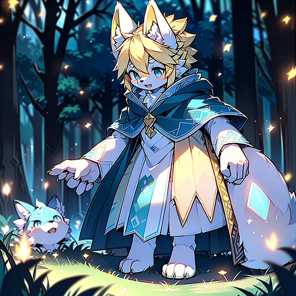 Anthropomorphic standing furry little wolf,Lovely, Light:极端的Light与影,(Hana charcoal(Full Body Furry,Close-up of the head bust, Light yellow hair,pale big ears,big blue eyes,The mouth is a little bigger,white fur,Redness of the skin ,sky blue eyes, Light yellow hair:1.2), (long canine teeth、blue thick cloak,white fur trims:1.2),(night、lawn)) ,((Deep in the dark forest at night,firefly,solo,the only person)),((detail)),(depth of field),(Acting cute),(stand up))