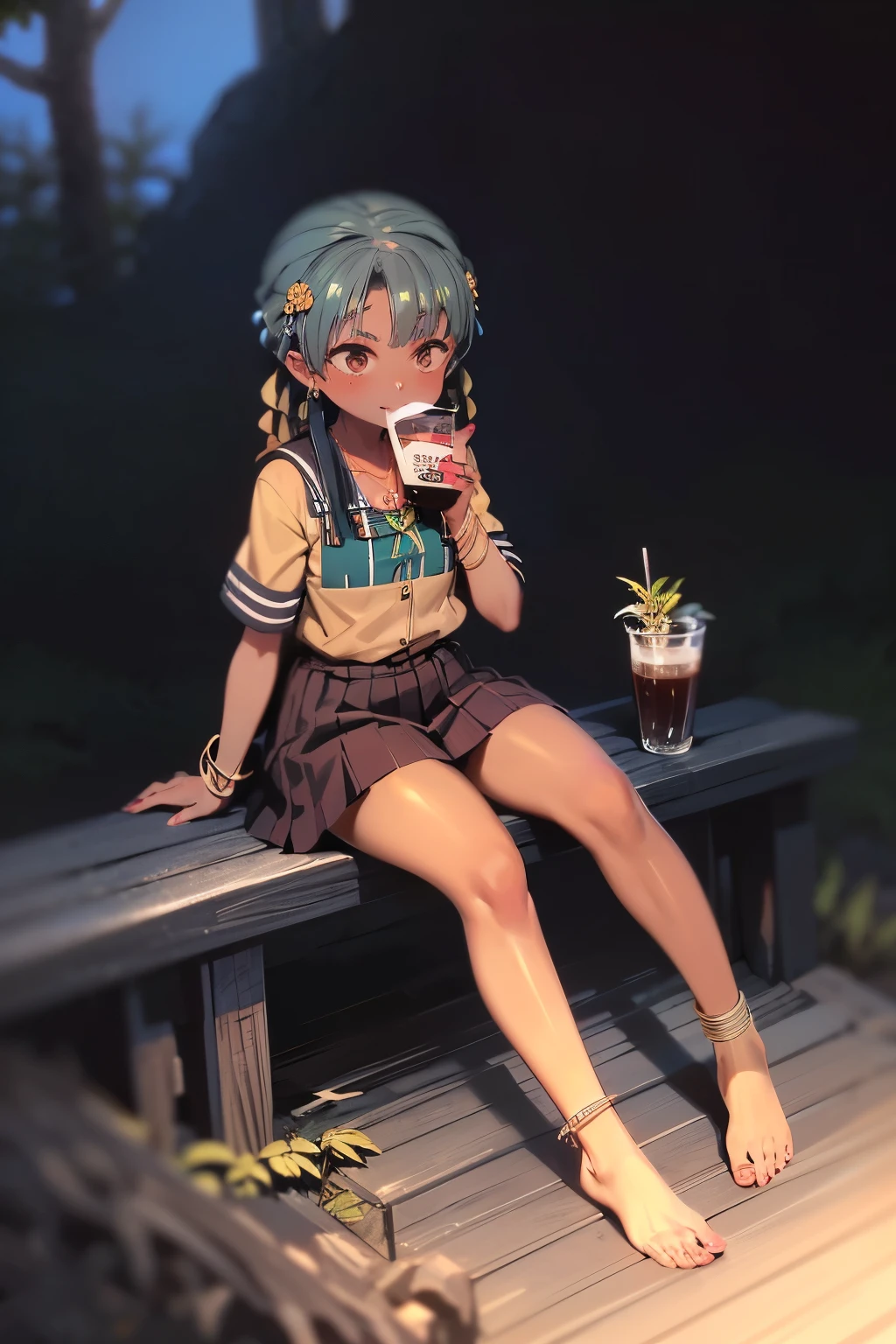 Benevolent ((dark-skinned ((メスガキ **ビッチ)) goddess)) with dreadlocks sitting next to  hot-spring with her pretty perfect manicured feet up while drinking coffee, wearing golden bracelets and anklets, short pleated skirt, plump thighs, high quality photo, in the middle of the Tokyo cannabis forest behind her, driving