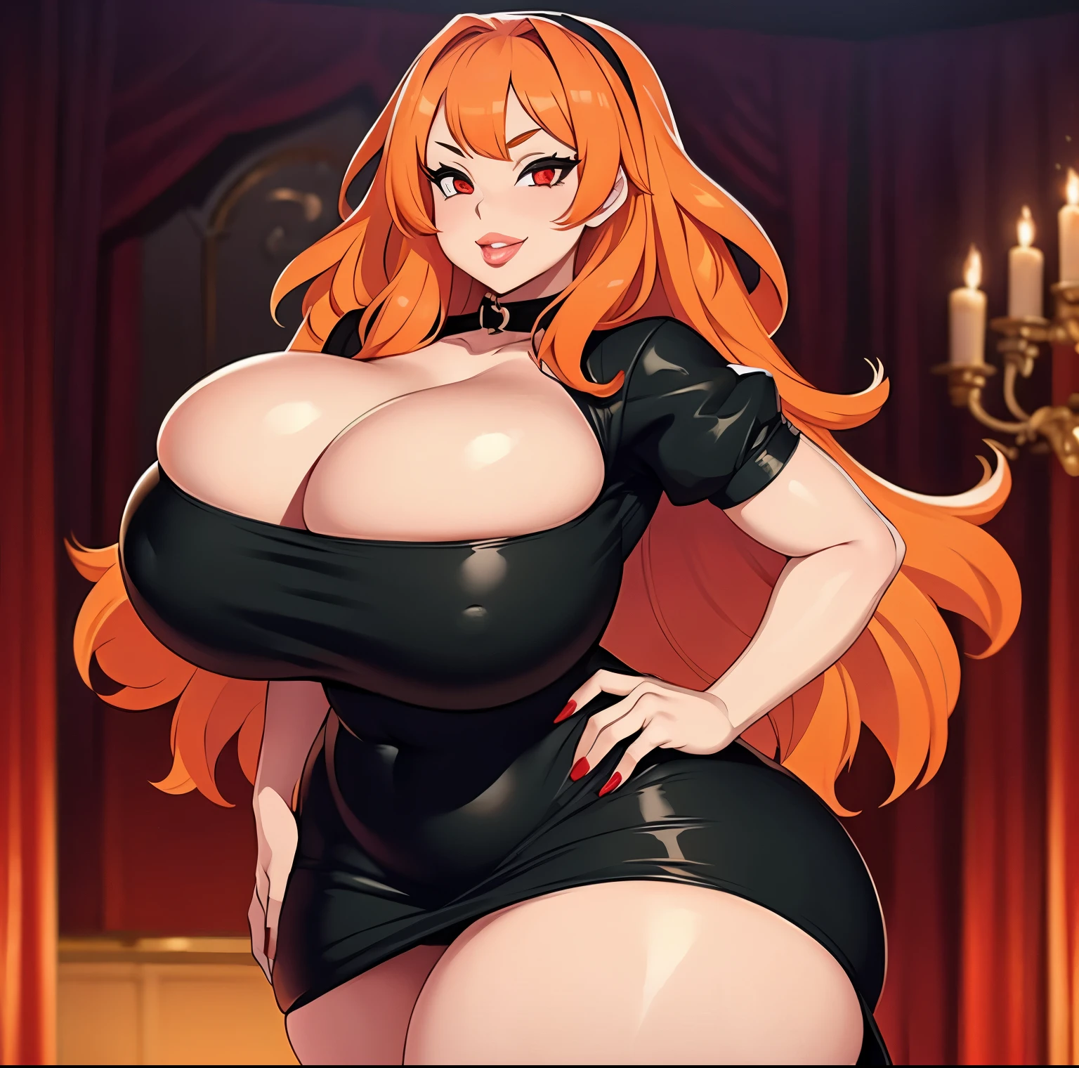 1girl, (((bimbo))), puffy lips, red eyes Long orange hair, painted lips, thick lips, wide hips, thick thighs, big breast, huge ass, erotic, Smile face, bubble butt, breasts, tight black dress, soft pale creamy skin, chubby