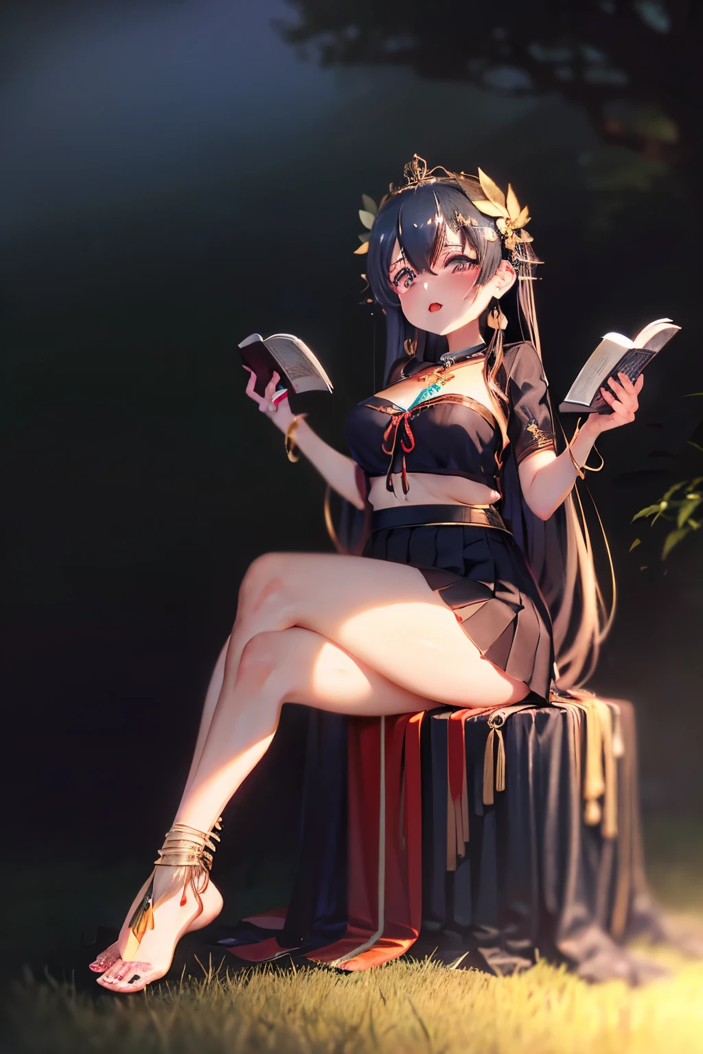 Benevolent ((plump ((メスガキ **ビッチ)) goddess)) with long hair sitting in a limousine with her pretty perfect manicured feet up while reading, wearing golden bracelets and anklets, short pleated skirt, plump thighs, high quality photo, in the middle of the Tokyo cannabis forest behind her, driving