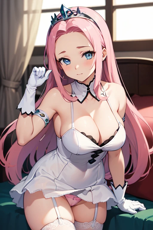 (masterpiece:1.2), (best quality:1.2), bedroom, best illumination, best shadows, cowboy shot, best lighting blue eyes, tiara, pink hair, white dress, large breasts, white stockings, very long hair, (parted bangs:1.2), (forehead:, pink panties, gloves, exposed shoulders, cleavage