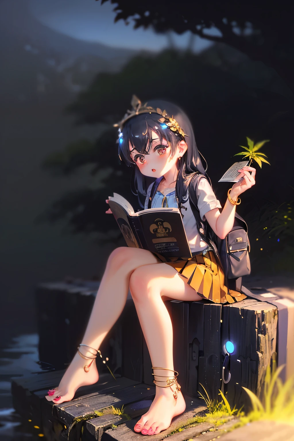 Benevolent ((plump ((メスガキ **ビッチ)) goddess)) with long hair sitting on bridge with her pretty perfect manicured feet up while reading, wearing golden bracelets and anklets, short pleated skirt, plump thighs, backpack next to her, high quality photo, in the middle of the Tokyo cannabis forest behind her, driving