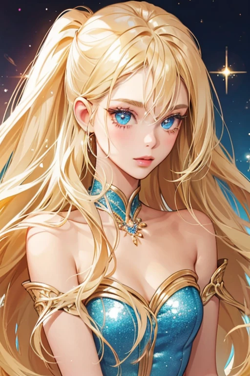 Barbie has lightly tanned skin, long blonde hair, and light blue eyes. glitter