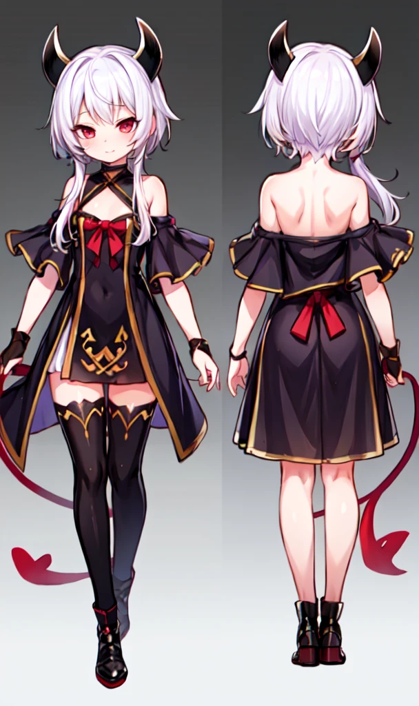 monster girl亡灵少女，Detailed character drawings，Little evil god，devil horns，headgear，Detailed character designs，full body picture，Standing drawings of characters，Double tail，multiple views，Dragon tail，monster girl