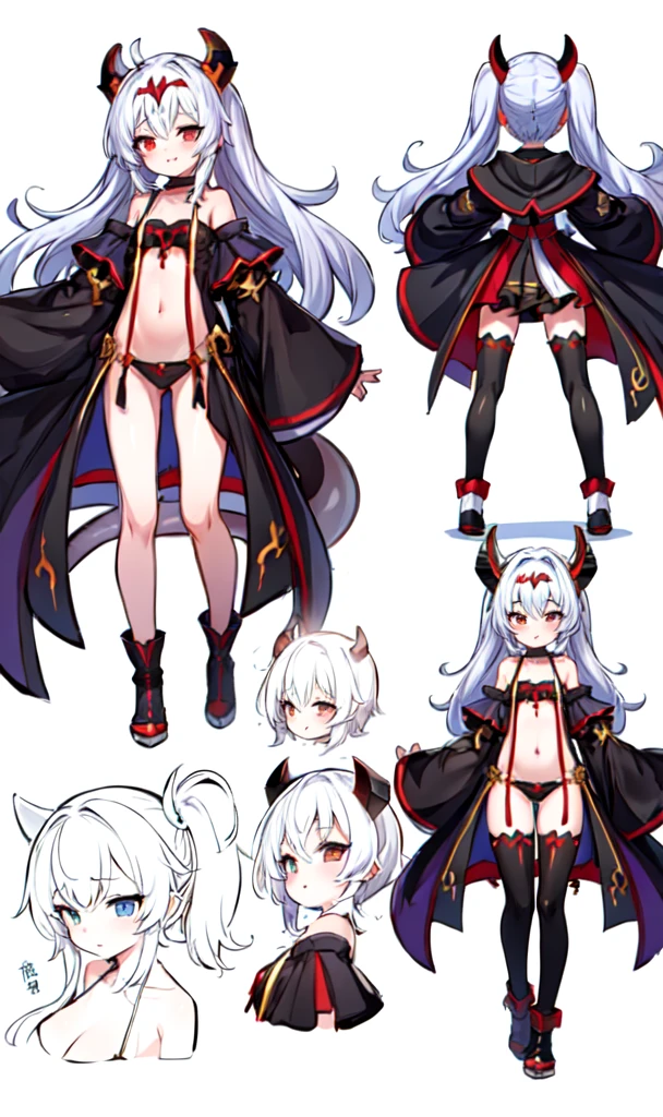 monster girl亡灵少女，Detailed character drawings，Little evil god，devil horns，headgear，Detailed character designs，full body picture，Standing drawings of characters，Double tail，multiple views，Dragon tail，monster girl