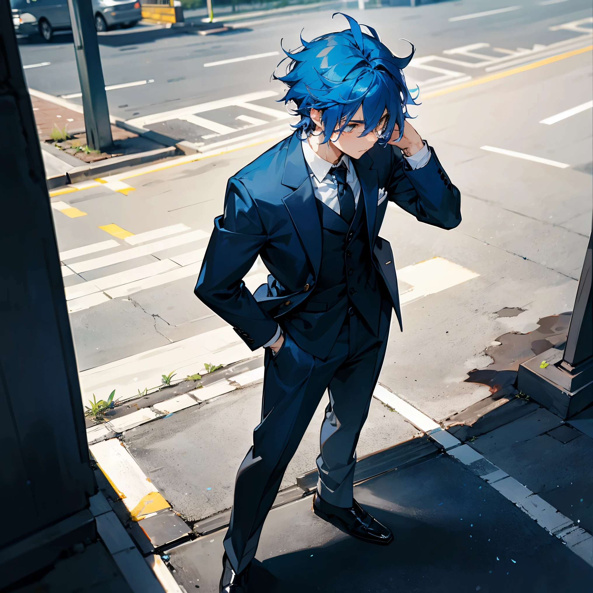 Blue Hair , Black Suit , Standing on sidewalk , 1male , Casual Clothing , Messy Hair