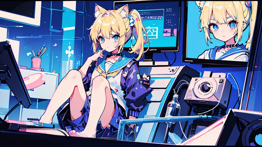 (face, 1 girl, blonde hair, side ponytail, blue eyes, sailor suit, cat ear, kawaii, sitting), (blue cyberpunk, room with big monitor)