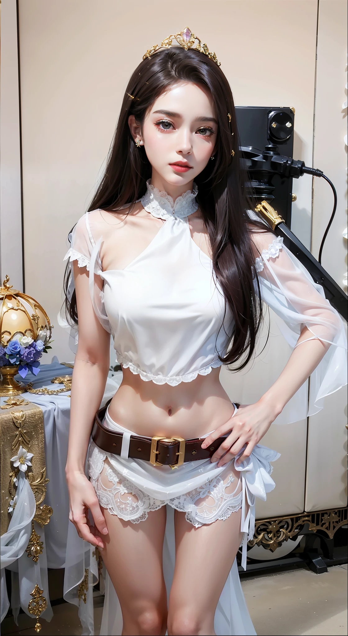 Royal sister，exquisite eyes，Detailed text，tall figure，Leg length，4K，HD，White translucent lace，Fair and plump figure，pretty face，Little cherry mouth，beautiful and delicious（3D royal sister)，Gorgeous dress encrusted with gemstones crystal gold diamonds，Wear shiny reflective gelcoat，