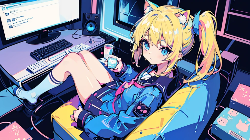 (face, 1 girl, blonde hair, side ponytail, blue eyes, sailor suit, cat ear, kawaii, sitting), (blue cyberpunk, room with big monitor)