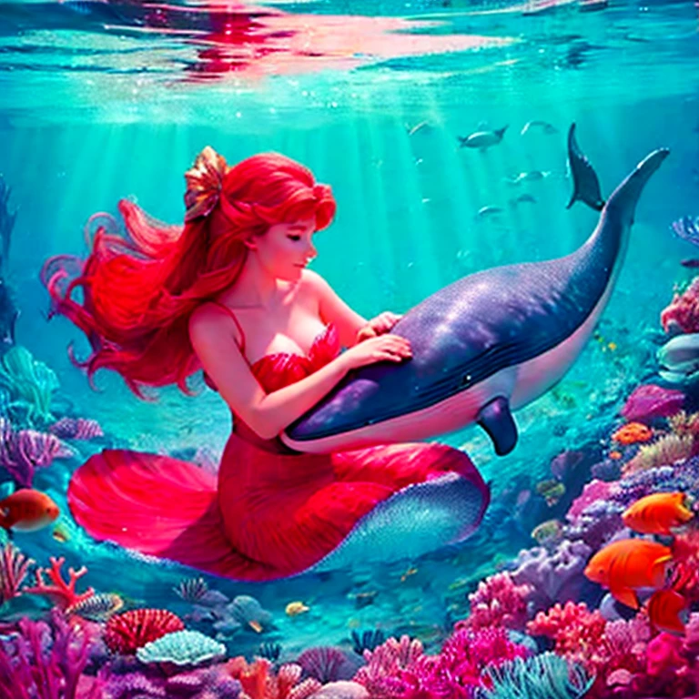 Little mermaid playing in the coral reef with a baby whale 