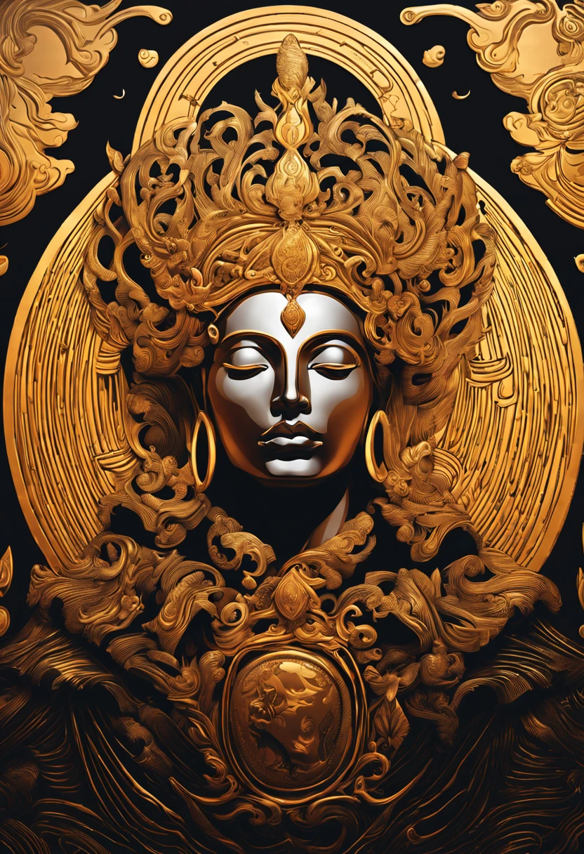Crie  uma moeda, black and golden background, com um rosto de perfil, with fine and smooth strokes, centralizada  coroado, simbolizando riqueza e prosperidade. Incorpore elementos que lembrem o universo de uma cripto moeda, como o rosto de uma divindade adornada com uma coroa. Emphasize the serene and powerful presence of a deity. Use detalhes e sombras complexos para criar esta logo marca que seja realista e cativante. Considere incorporar sutilmente dicas de tecnologia blockchain, moeda virtual, para simbolizar a riqueza e a conectividade modernas. Make sure the logo exudes elegance and prestige, making it instantly recognizable and memorable, and that has the dollar sign currency symbol $