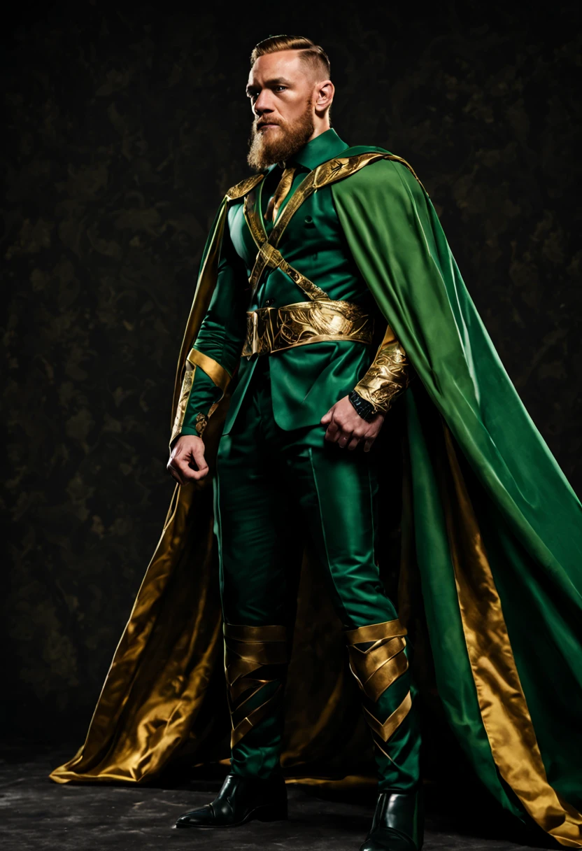 Conor McGregor as Loki, 40s year old, all green and gold details suit, green cape, Loki headgear, tall, manly, hunk body, muscular, straight face, best quality, high resolution:1.2, masterpiece, raw photo, dark background, detailed suit, detailed face, upper body shot