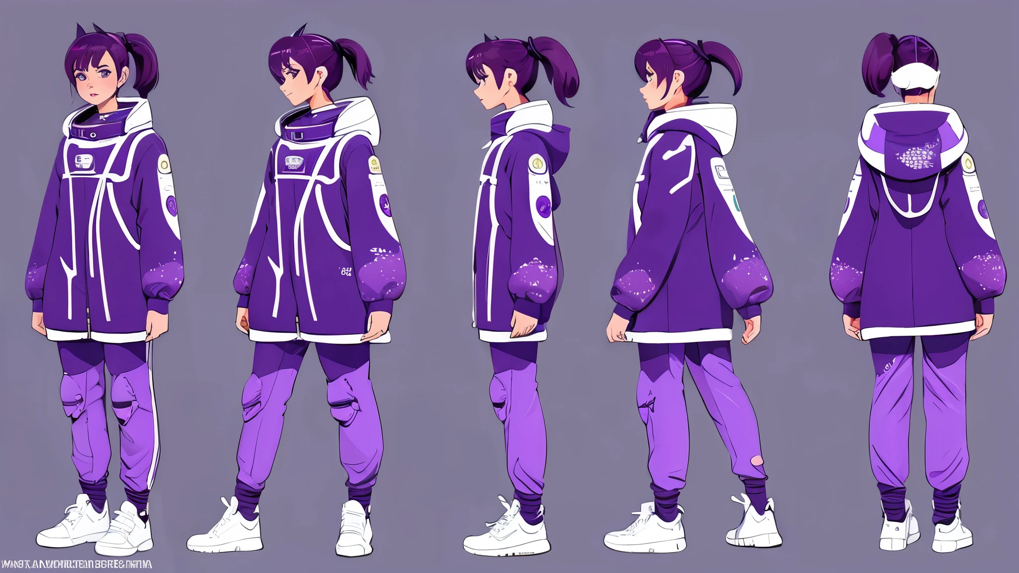 Mulher viajante espacial, purple detailed art 2d cartoon style ,  space suit,oversized, character design sheet, sneakers,different poses, different angles 