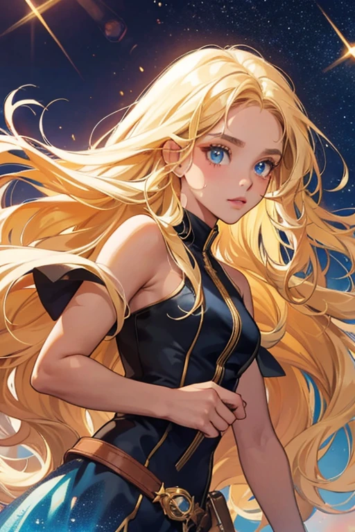 Kennedy has a tanned skin. She has long, wavy blonde hair and blue eyes. glitter