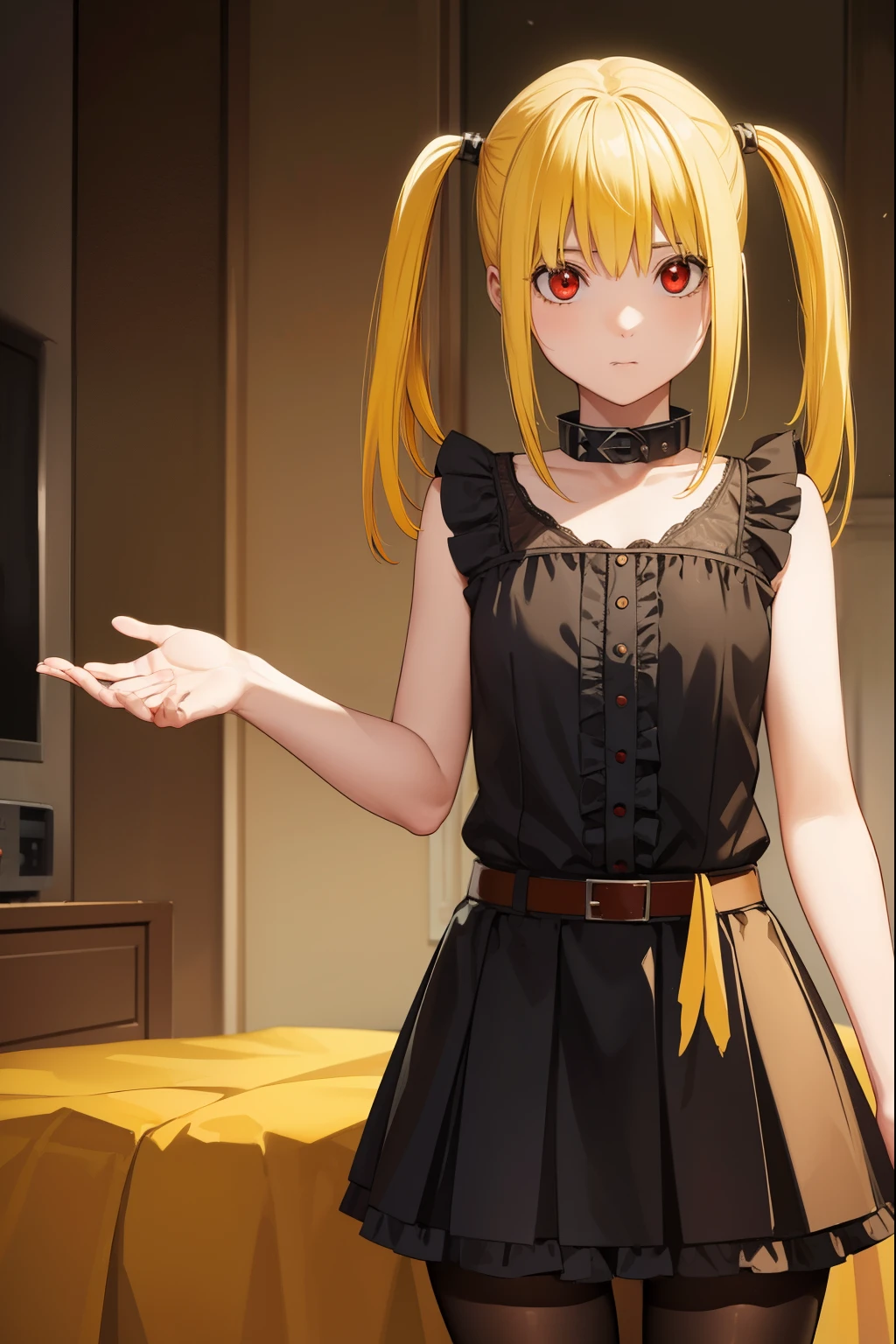 misaamane, misa amane, twintails, (red eyes:1.3), (yellow hair:1.5), sidelocks, long hair,
BREAK skirt, pantyhose, sleeveless, belt, cross, frilled skirt, gothic, collar, spiked collar,
BREAK indoors, bed,
BREAK looking at viewer, (cowboy shot:1.5),
BREAK (masterpiece:1.2), best quality, high resolution, unity 8k wallpaper, (illustration:0.8), (beautiful detailed eyes:1.6), extremely detailed face, perfect lighting, extremely detailed CG, (perfect hands, perfect anatomy),