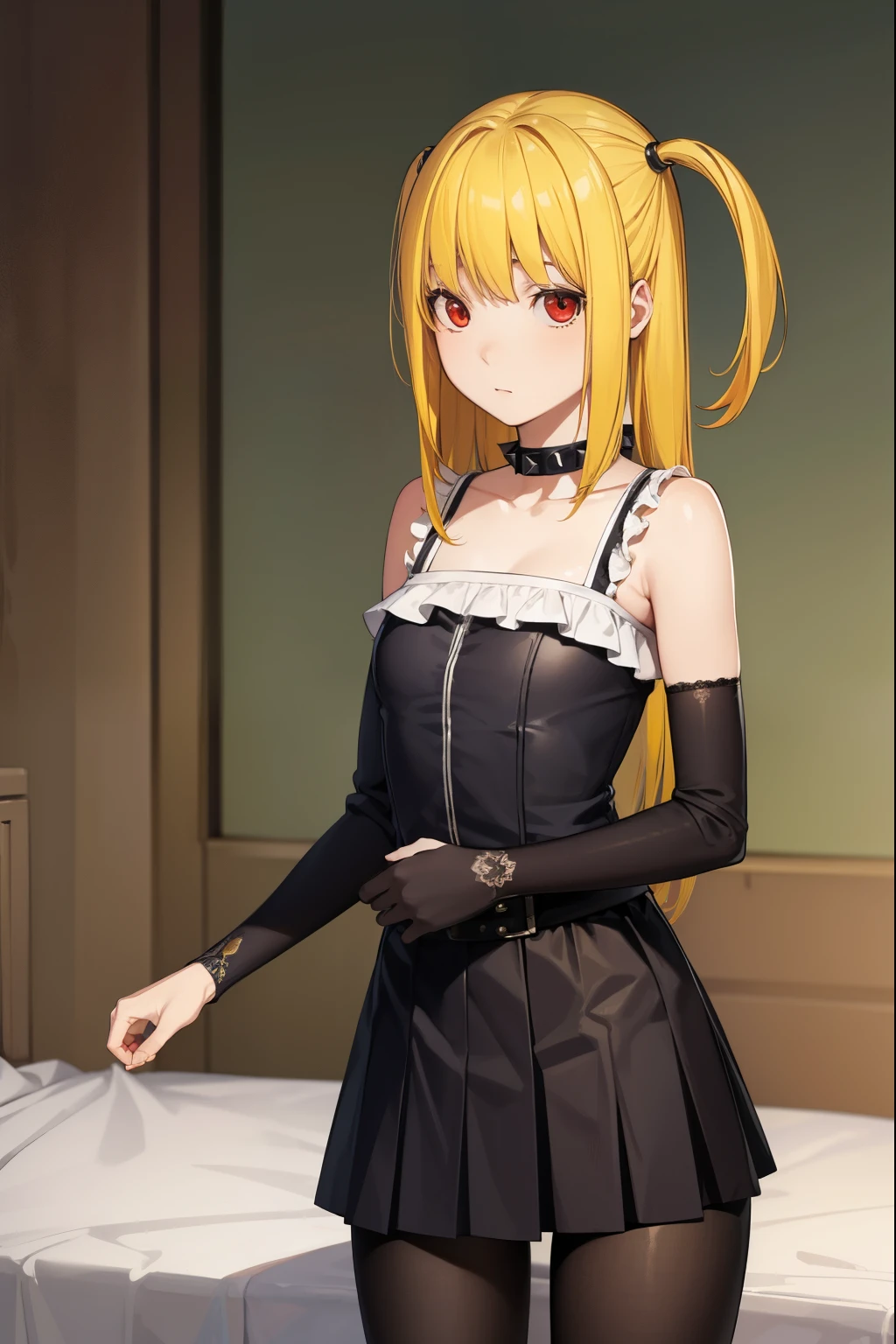 misaamane, misa amane, twintails, (red eyes:1.3), (yellow hair:1.5), sidelocks, long hair,
BREAK skirt, pantyhose, sleeveless, belt, cross, frilled skirt, gothic, collar, spiked collar,
BREAK indoors, bed,
BREAK looking at viewer, (cowboy shot:1.5),
BREAK (masterpiece:1.2), best quality, high resolution, unity 8k wallpaper, (illustration:0.8), (beautiful detailed eyes:1.6), extremely detailed face, perfect lighting, extremely detailed CG, (perfect hands, perfect anatomy),