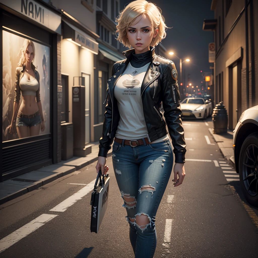she is the blondie and main character of need for speed heat videogame with Aston Martin DB11 Volante car, short hair, tattoos in the leg, wearing short jeans and racing jacket, in Palm City at night,
((Best quality)), ((masterpiece)), (highly detailed:1.3), Depth-of-field, Multi-layered textures, HDR (High Dynamic Range), Ray Tracing, NVIDIA RTX, Unreal 5, Subsurface scattering, PBR Texturing, Post-processing,
Anisotropic Filtering, Maximum clarity and sharpness, Wide aperture, Low ISO, White balance, Rule of thirds, 8K RAW, art, neoclassical painting, mural, Venetian painting style, oil painting,