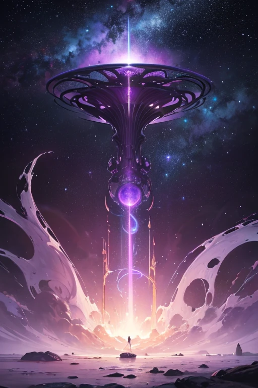 In a mesmerizing oil painting, an enchanting mauve-tinted alien artifact steals the spotlight with its starry-eyed allure. The image depicts an otherworldly object bathed in hues of purple, emitting a sense of mystery and wonder. The artifact appears as if it has traveled across galaxies, its intricate contours and mesmerizing colors meticulously captured by the artist's skilled brushstrokes. The high-quality image showcases the artifact's ethereal beauty, almost as if it were a portal to an unknown realm.