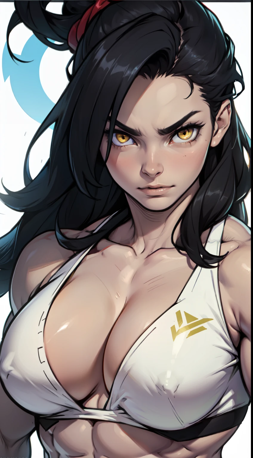 1 girl, black hair, yellow eyes, very long hair, pale skin, ((((extremely muscular)))), large breasts, (confident expression), close up