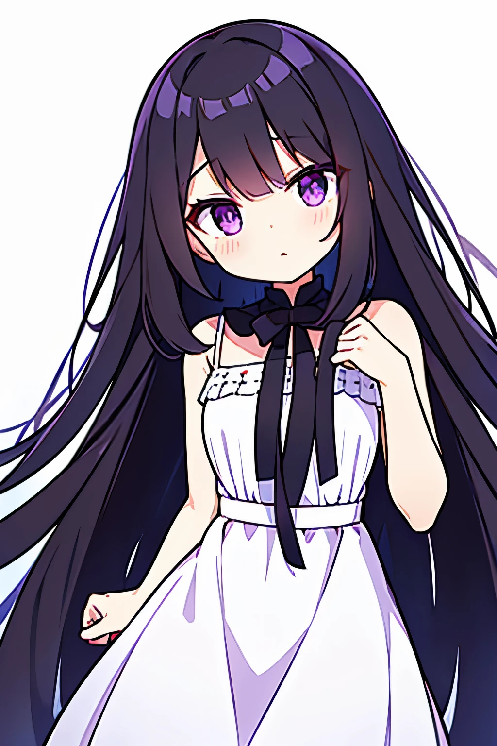 1 , long black hair, purple eyes, white dress