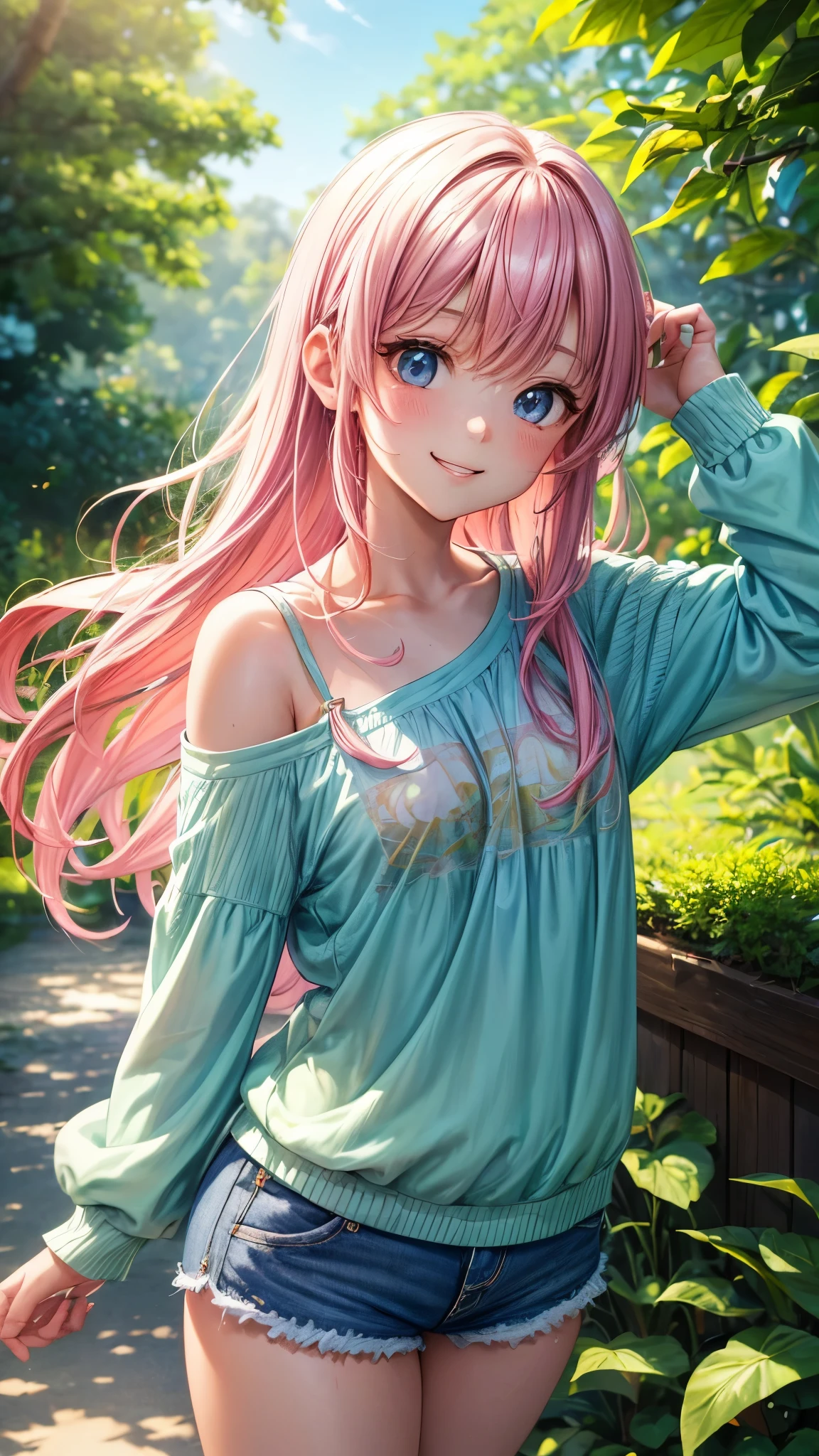 (highres,masterpiece:1.2),detailed,1_girl waifu,,wearing offtheshoulder shirt,mini shorts,portraits,anime style,vibrant colors,pastel color palette,warm lighting,blurred background,greenery in the background,breezy atmosphere,relaxed expression,bright eyes,happy smile,flowing hair,soft sunlight filtering through the leaves, back view