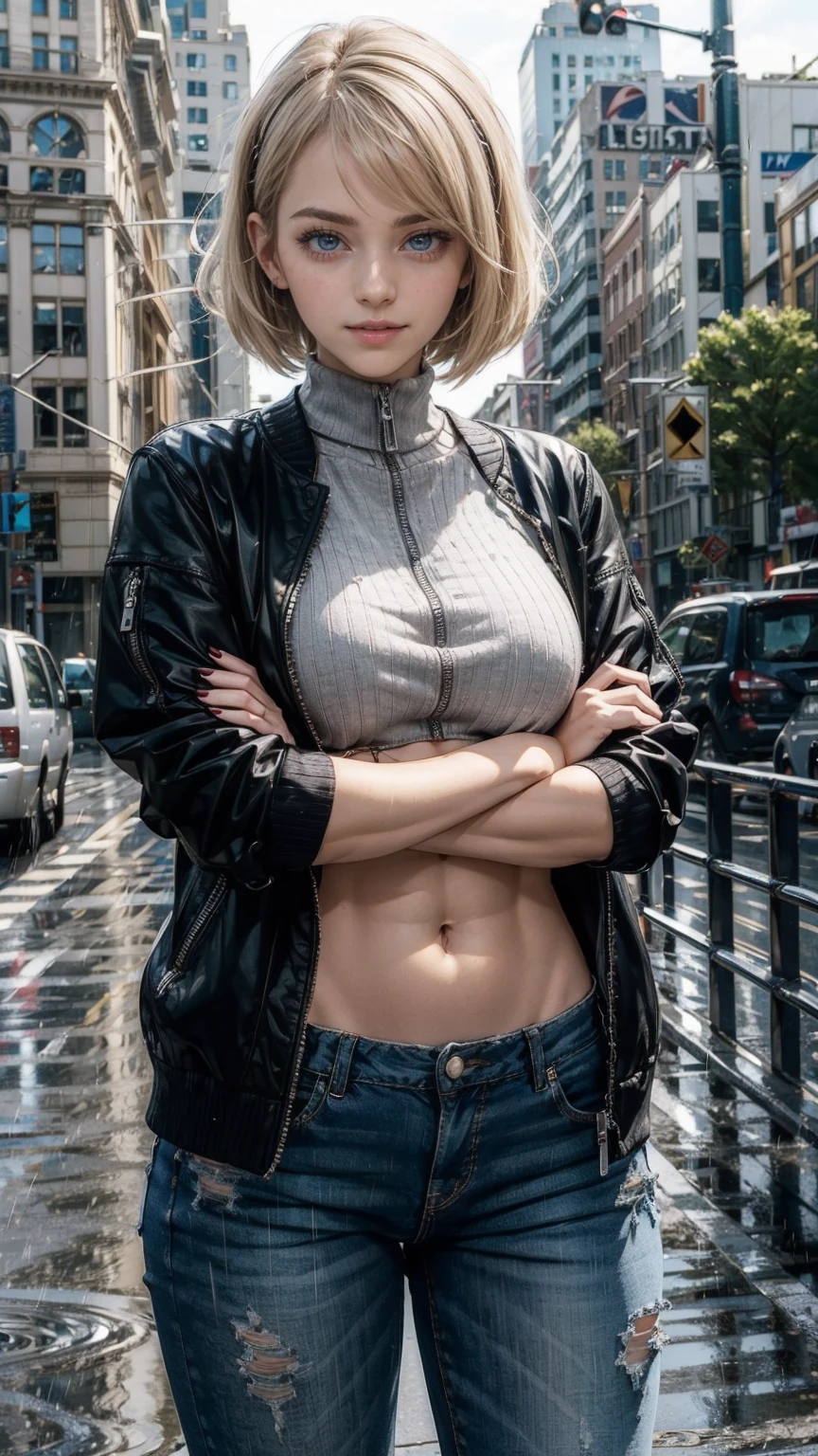 (highest quality, High resolution, masterpiece :1.3), 25-year-old Caucasian woman、platinum blonde、blue eyes、bob cut、my hair is wavy、Slender but well-proportioned muscular body、I don&#39;t want my head to disappear from the screen.、wearing red nail polish、smile、Wearing high neck zipper up top、My abs are cracked、I can see my bellybutton、I&#39;m wearing a hair band、wearing a cardigan、I&#39;m wearing hot pants、wearing high heels、arms crossed、I&#39;m in the city where it&#39;s raining